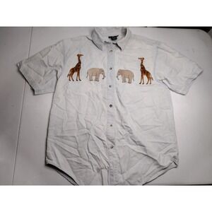 Womens Short Sleeve Button Up Shirt Giraffe Elephant Safari Light Wash Denim  M